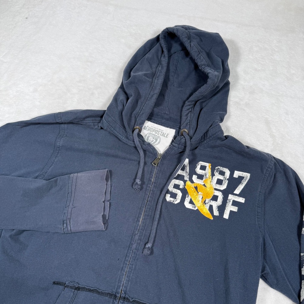 Aeropostale Women Blue Full Zip Hoodie Sweatshirt Distressed Graphic Print Large